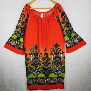 Bohemian 3X Dress Midi Knit Bell Sleeve Orange Colorful Paisley Design Casual
